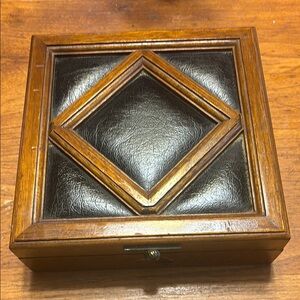 1970’s Apex Japan 8” square wood & faux black leather gold velvet interior valet